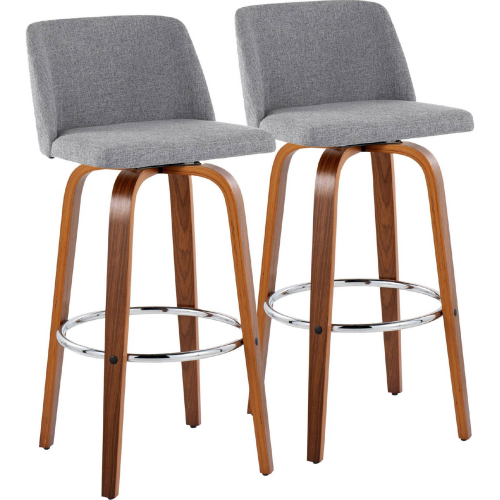 Toriano 30" Swivel Bar Stool in Walnut Wood & Grey Fabric w/ Chrome Footrest (Set of 2)